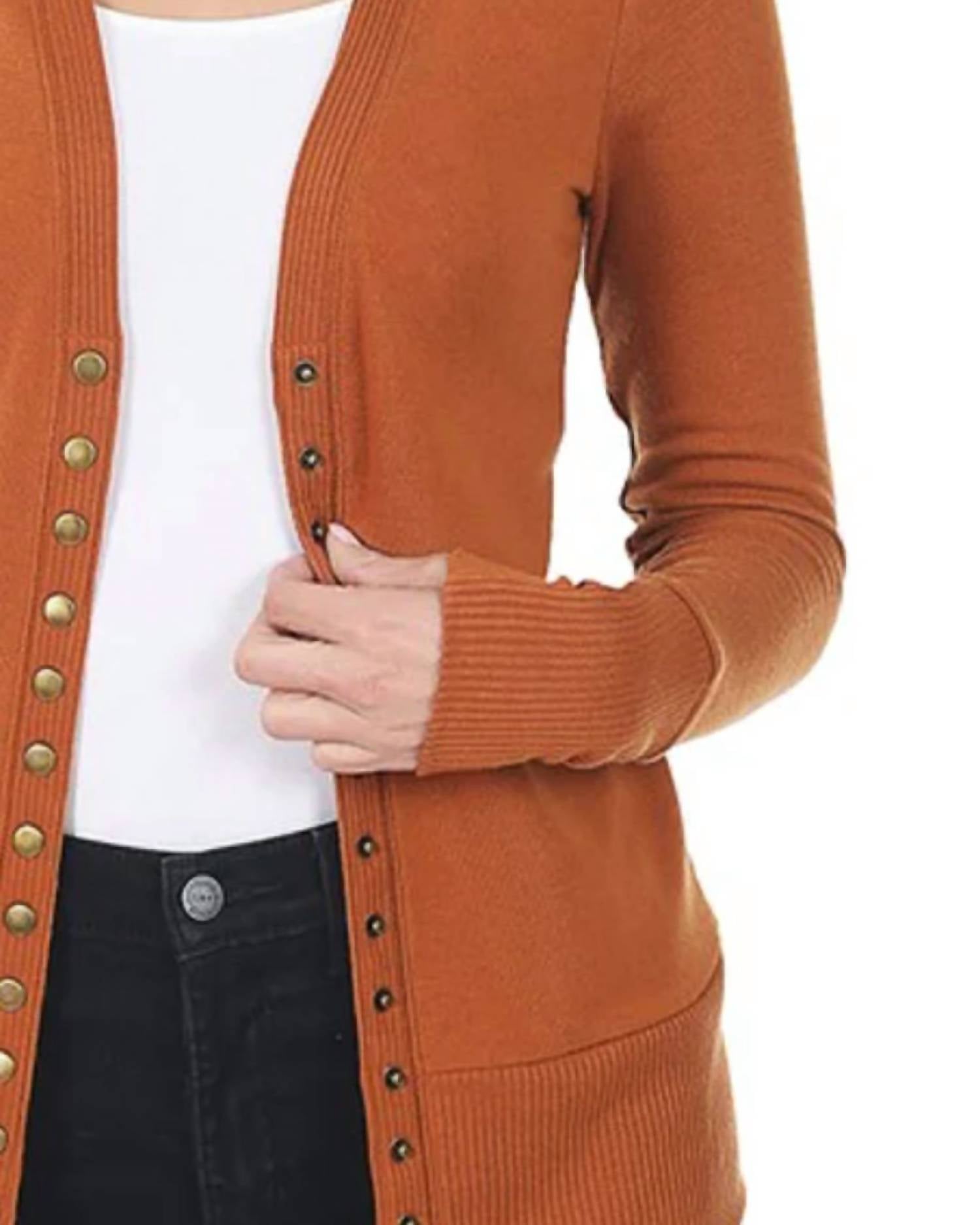 ZENANA Snap Full Sleeve Cardigan in almond - women's cardigan - detail view