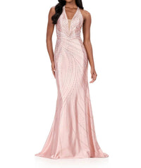 ASHLEYlauren Fitted Jersey Open Back Prom Gown in champagne - women's dress