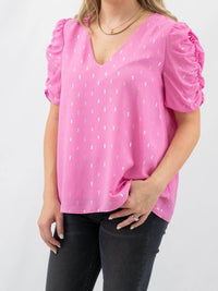 Adrienne - Ruched Sleeve V-neck Barbie Top