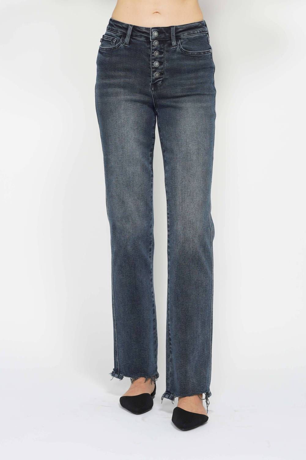 Judy Blue - High Waisted Button Fly Hem Distressed Straight Leg Jeans