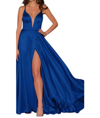 Dave & Johnny Lace-up Back Faux Wrap A Line Prom Dress in royal - women's dress
