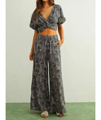Miou Muse - Leaf Print Faded Effect Pants