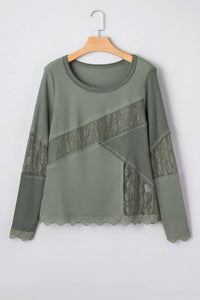1 The Woman - Waffle Ribbed Lace Patchwork Long Sleeve Top