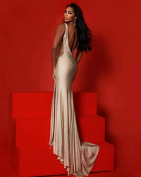 Johnathan Kayne High Slit Mermaid Gown in champagne - women's dress - alternate view