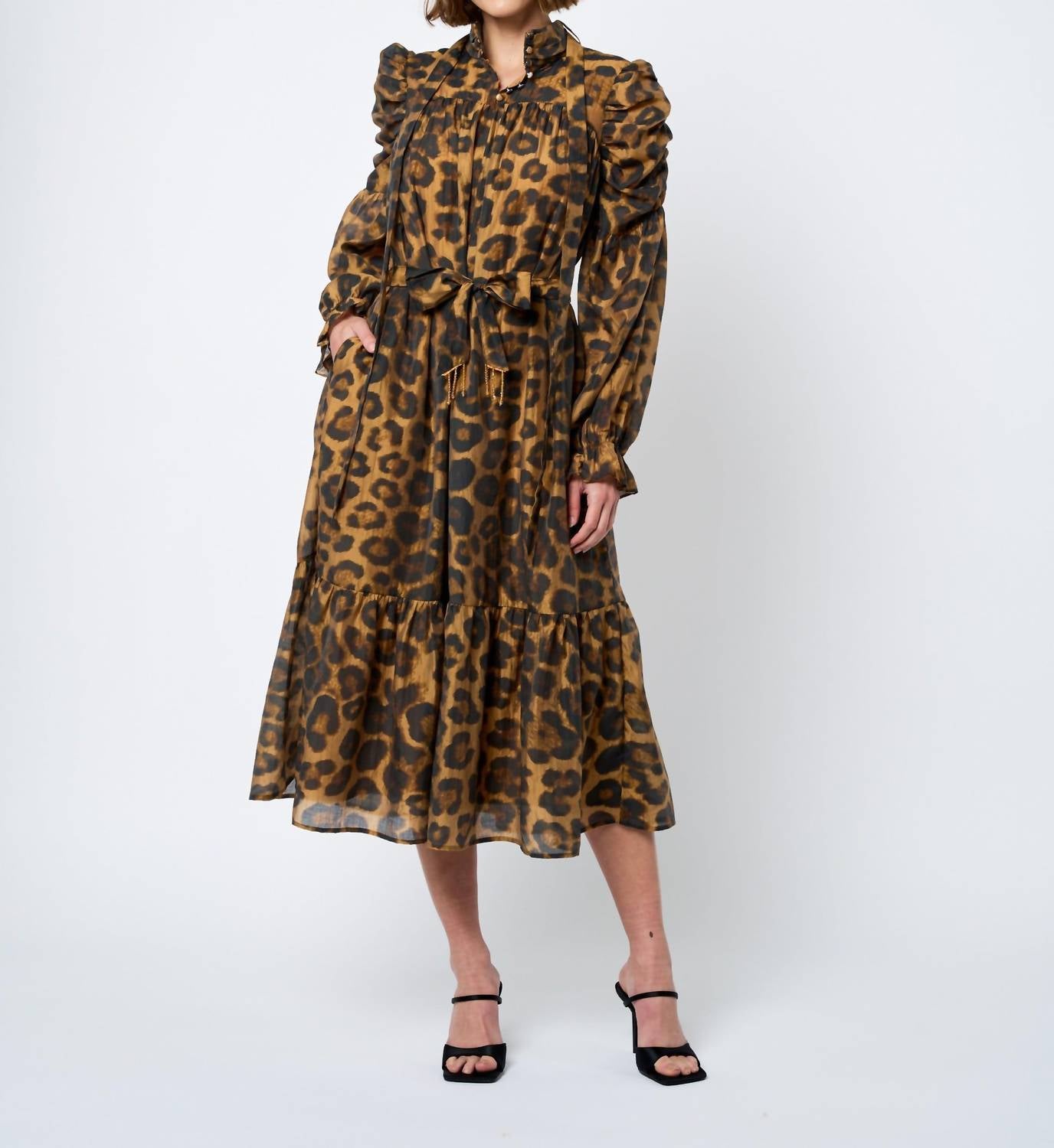 Ciebon - Daphne Ruched Sleeve Animal Print Midi Dress