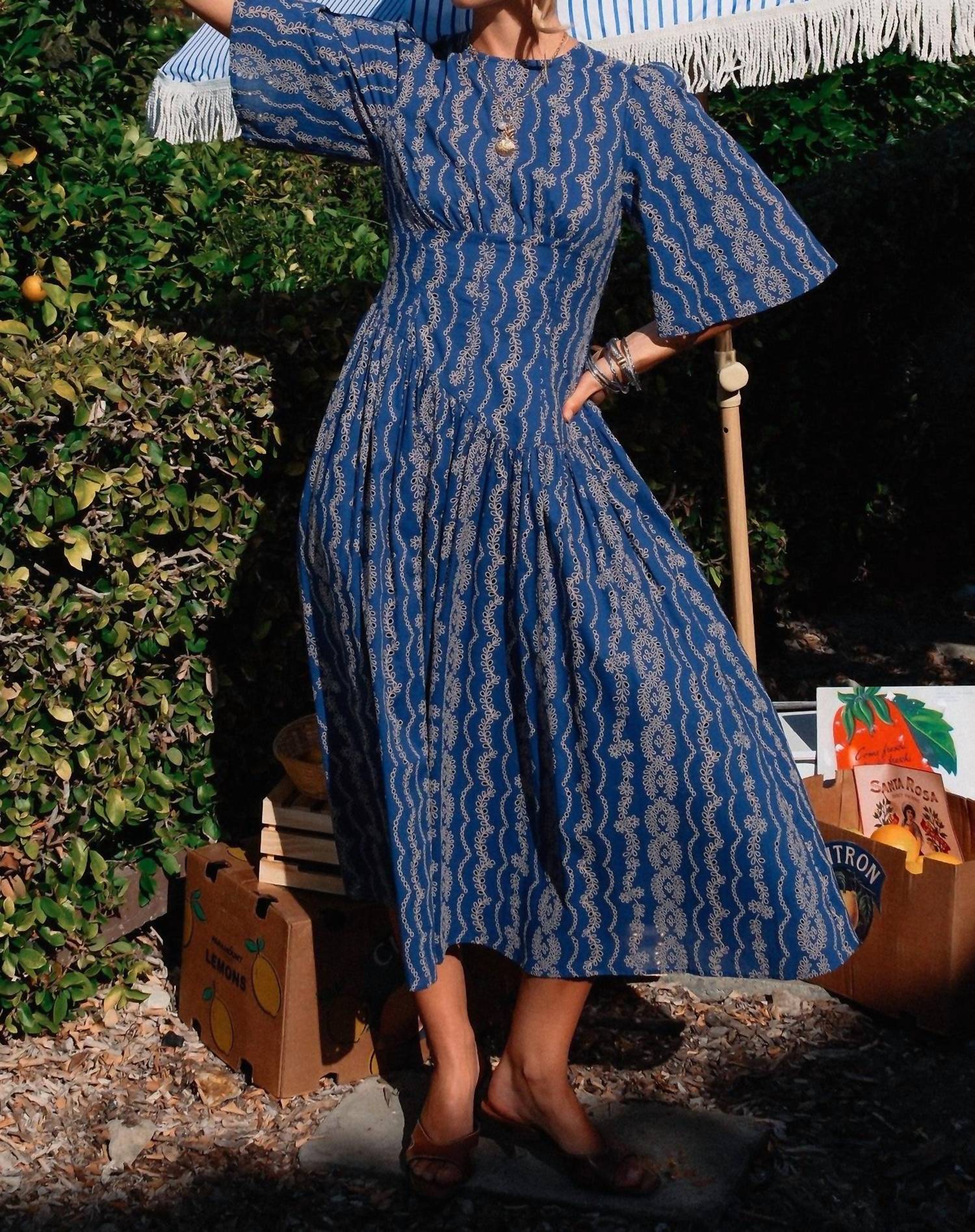 current air Embroidered Half Sleeve Maxi Dress in blue - women's dress - view 5