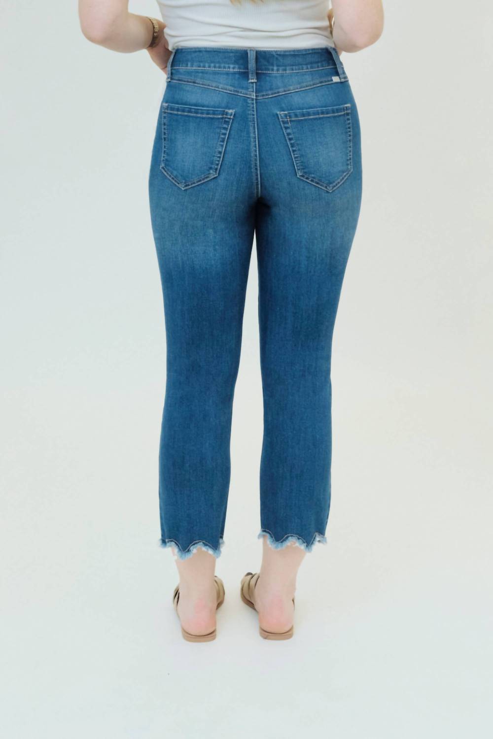 1822 Denim Ace 25" Crop Capri Scalloped & Frayed Hem Jeans in blue - women's jeans - detail view