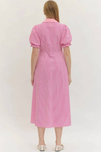 Entro - Stripe Print Short Puff Sleeve Midi Dress