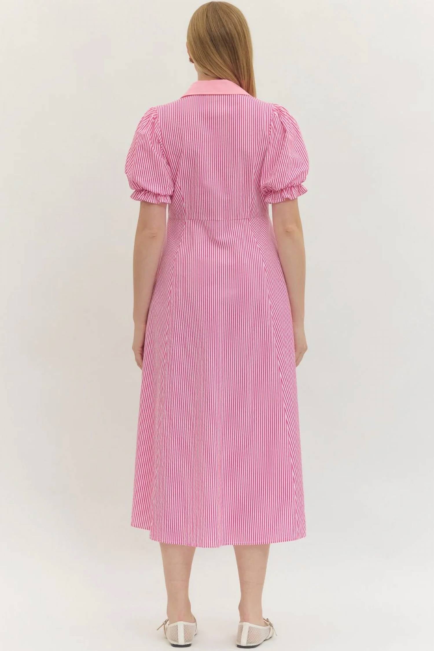 Entro - Stripe Print Short Puff Sleeve Midi Dress