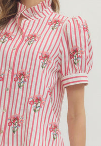 Entro - Striped Puff Sleeve Top with Embroidery
