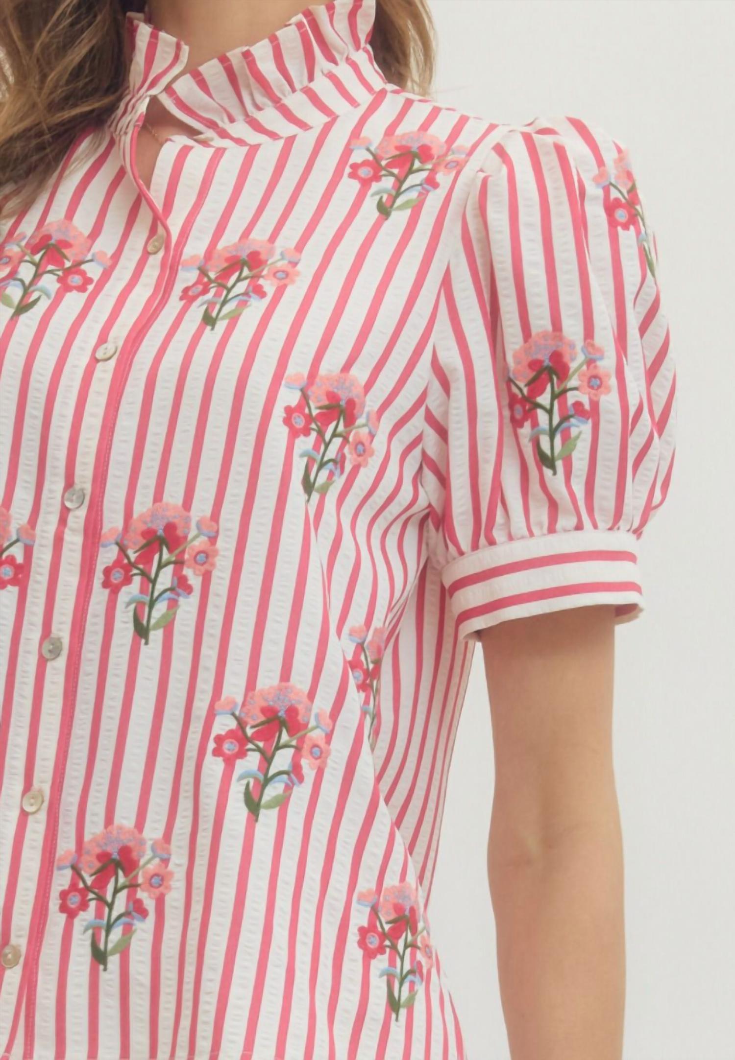 Entro - Striped Puff Sleeve Top with Embroidery
