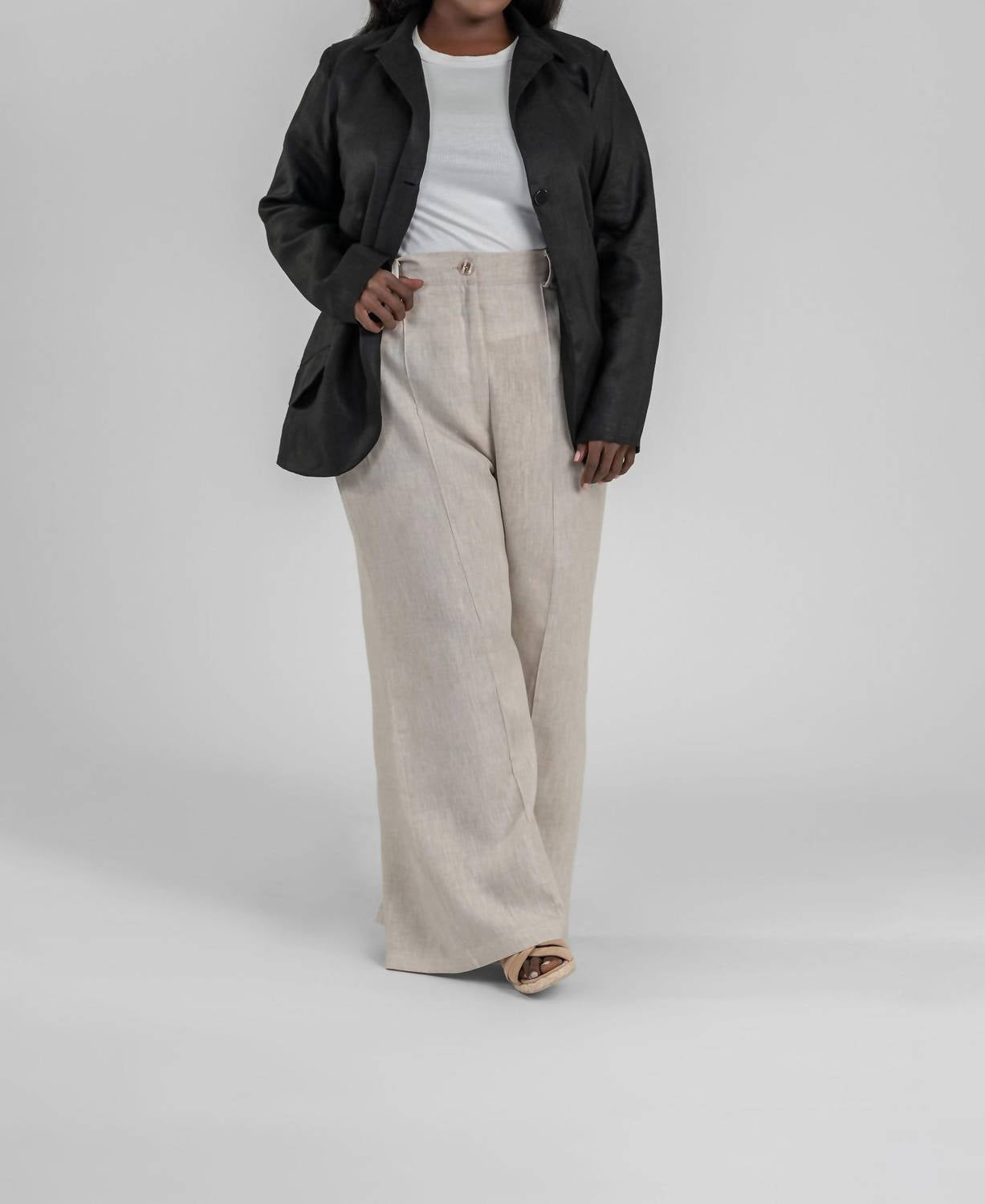 Adriana Contreras - Black Linen Long Sleeve Button Front Blazer - Plus