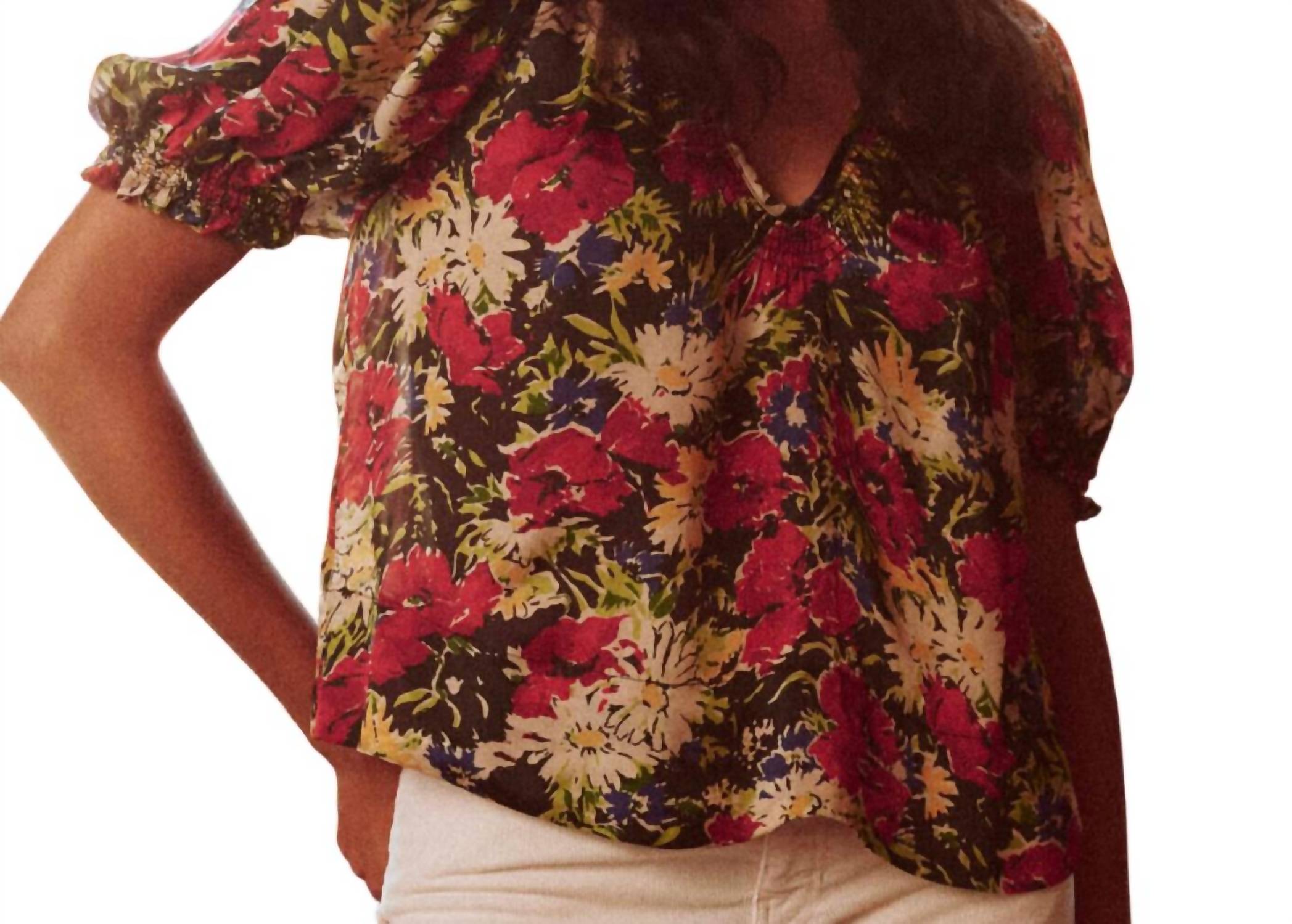 THE GREAT. Women's The Ponder Top in hidden garden floral - women's blouse - detail view