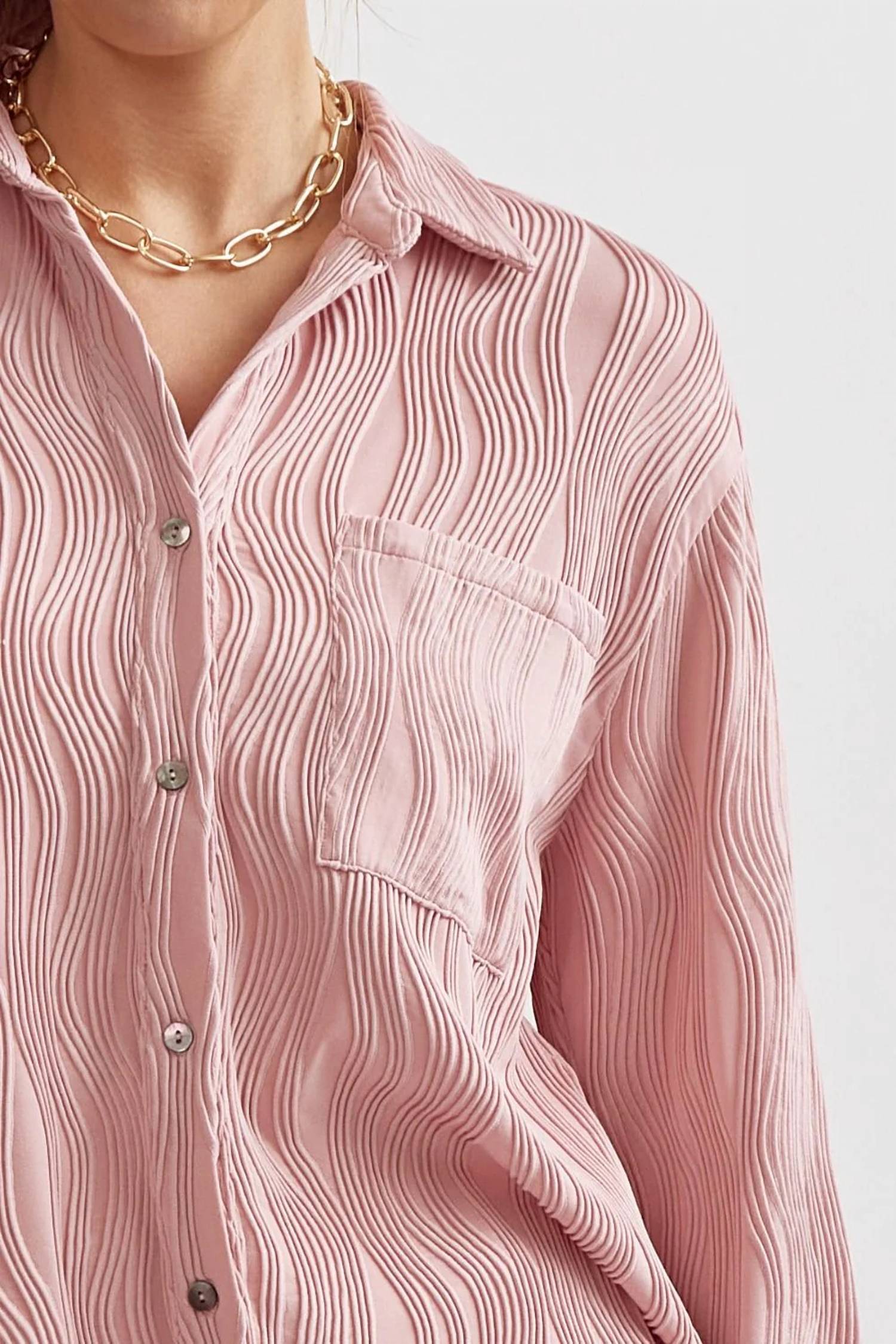 Entro - Wave Textured Long Sleeve Button Up Blouse
