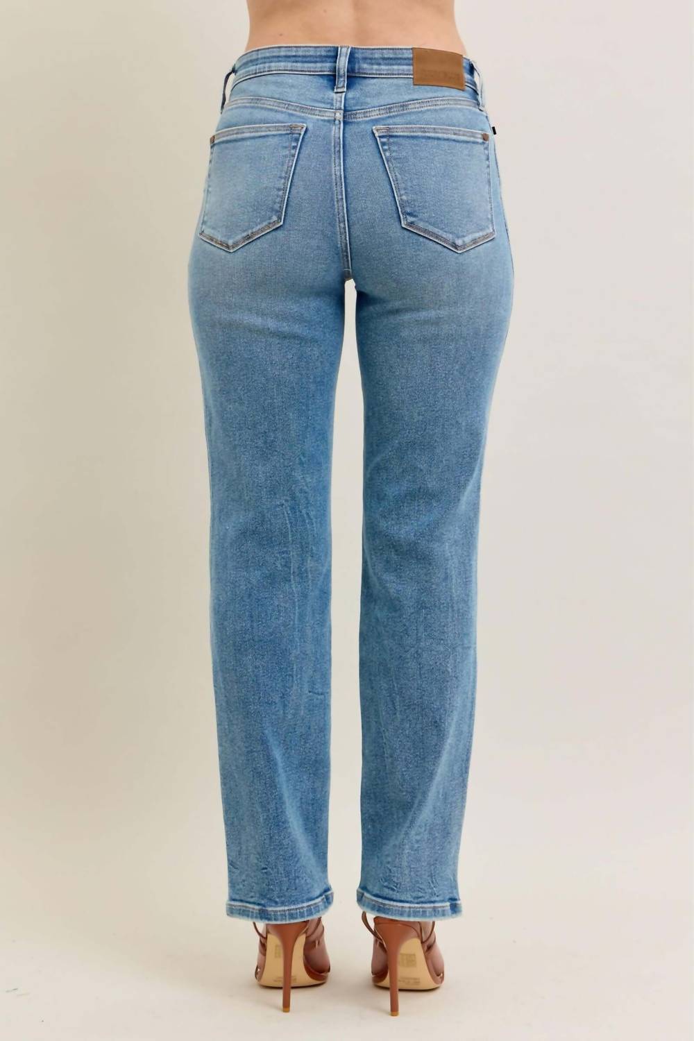Judy Blue Monroe High Rise Straight Leg Jean in medium blue - women's jeans - detail view