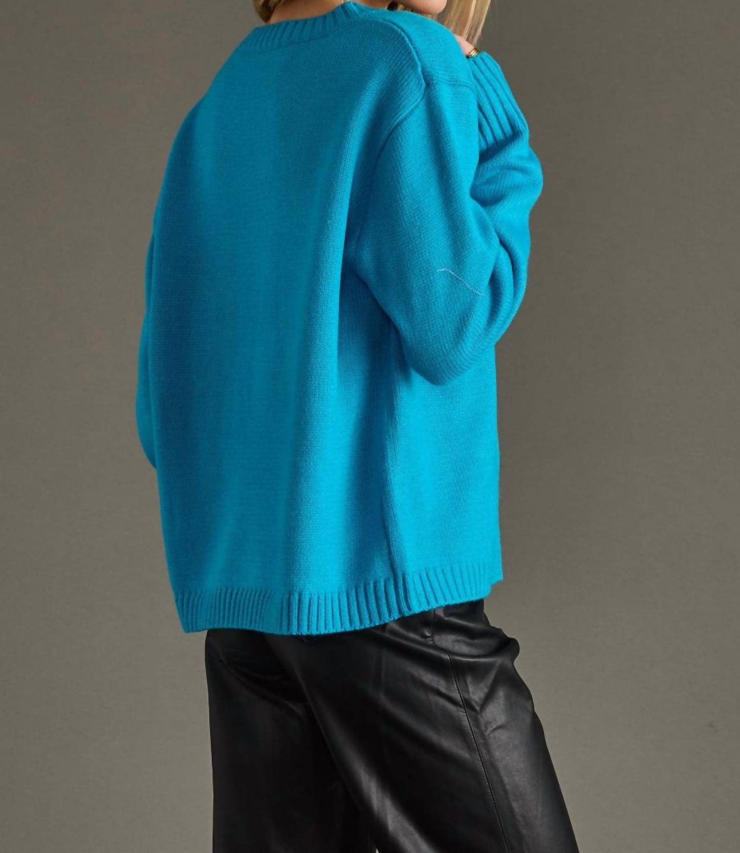 Panache Apparel Ski Block Letter Sweater Top in blue pink - women's sweater - alternate view