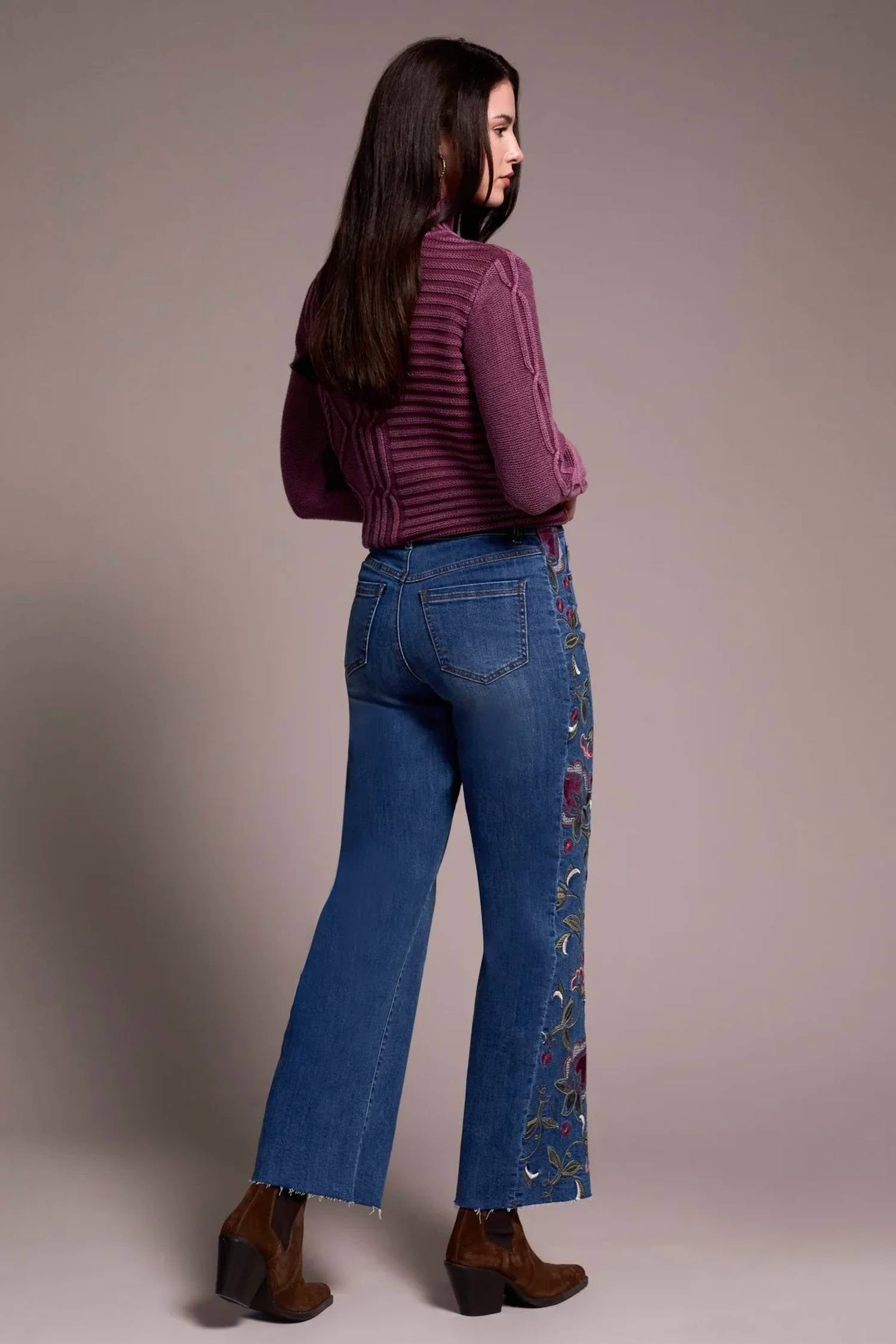 Tribal - Brooke High Rise Embroidered Wide Leg Jeans
