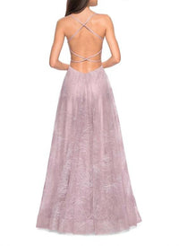 La Femme Floral 2-Strap Satin Gown in mauve - women's dress - detail view