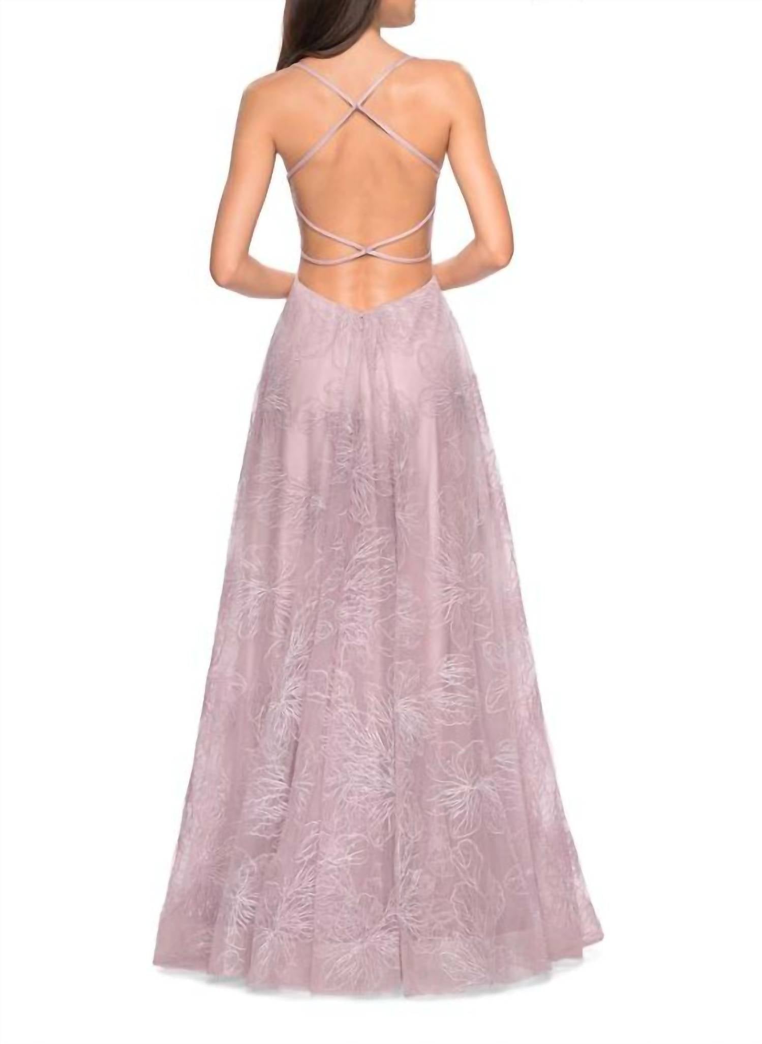 La Femme Floral 2-Strap Satin Gown in mauve - women's dress - detail view
