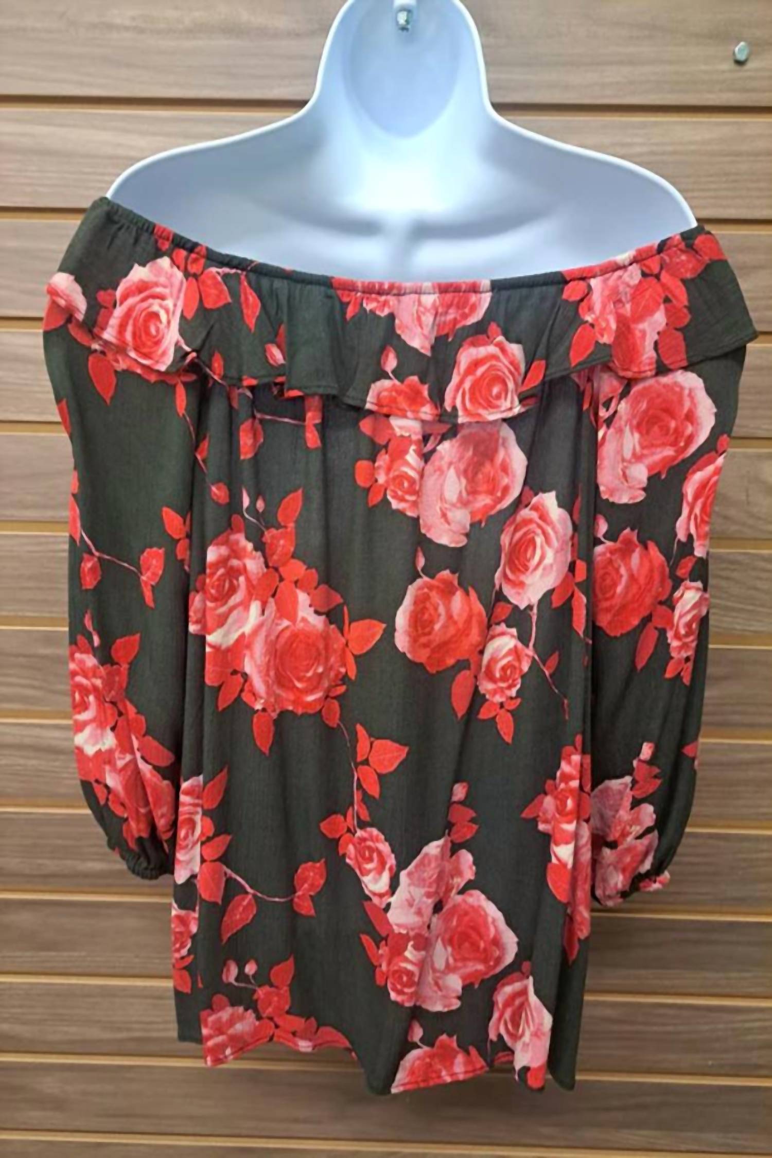 Honey Belle - Women's Roses On Black Ruffle Off Shoulder Blouse