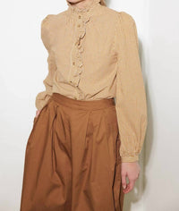 FLYING TOMATO Checkered Print Ruffle Front Shirt in mustard - women's shirt - detail view