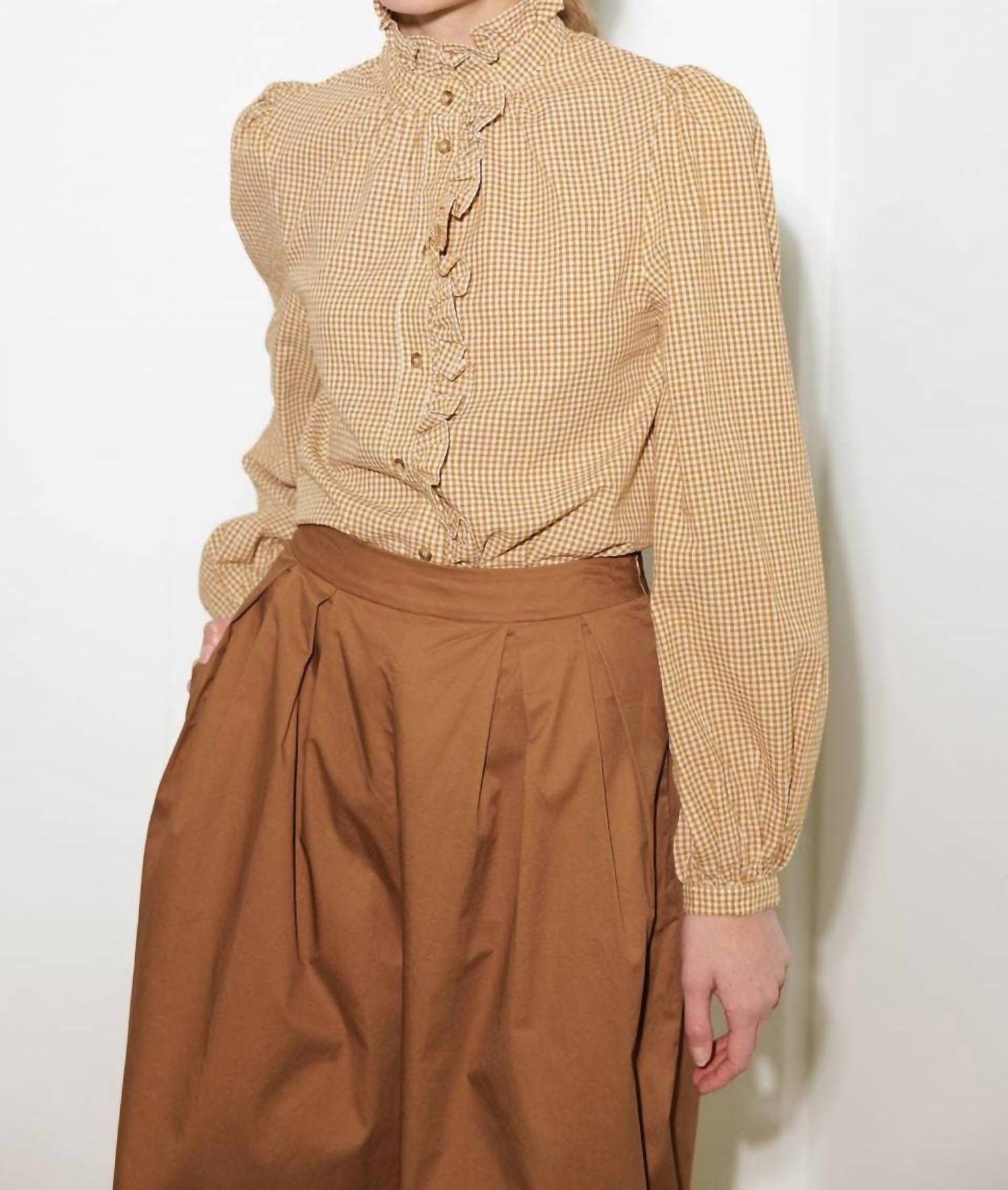 FLYING TOMATO Checkered Print Ruffle Front Shirt in mustard - women's shirt - detail view