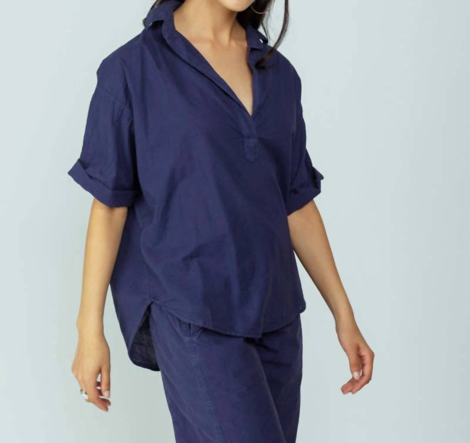 A SHIRT THING Delilah Collared V-neck Shirt in navy - women's blouse - alternate view
