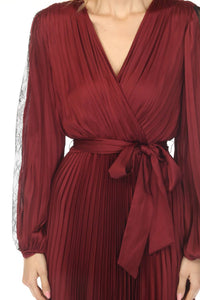 Joseph Ribkoff Pleated Satin Belted Midi Fit And Flare Dress in merlot - women's dress - view 5