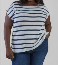 Mat Fashion - Short Sleeve Striped Button Shoulder Top - Plus Size