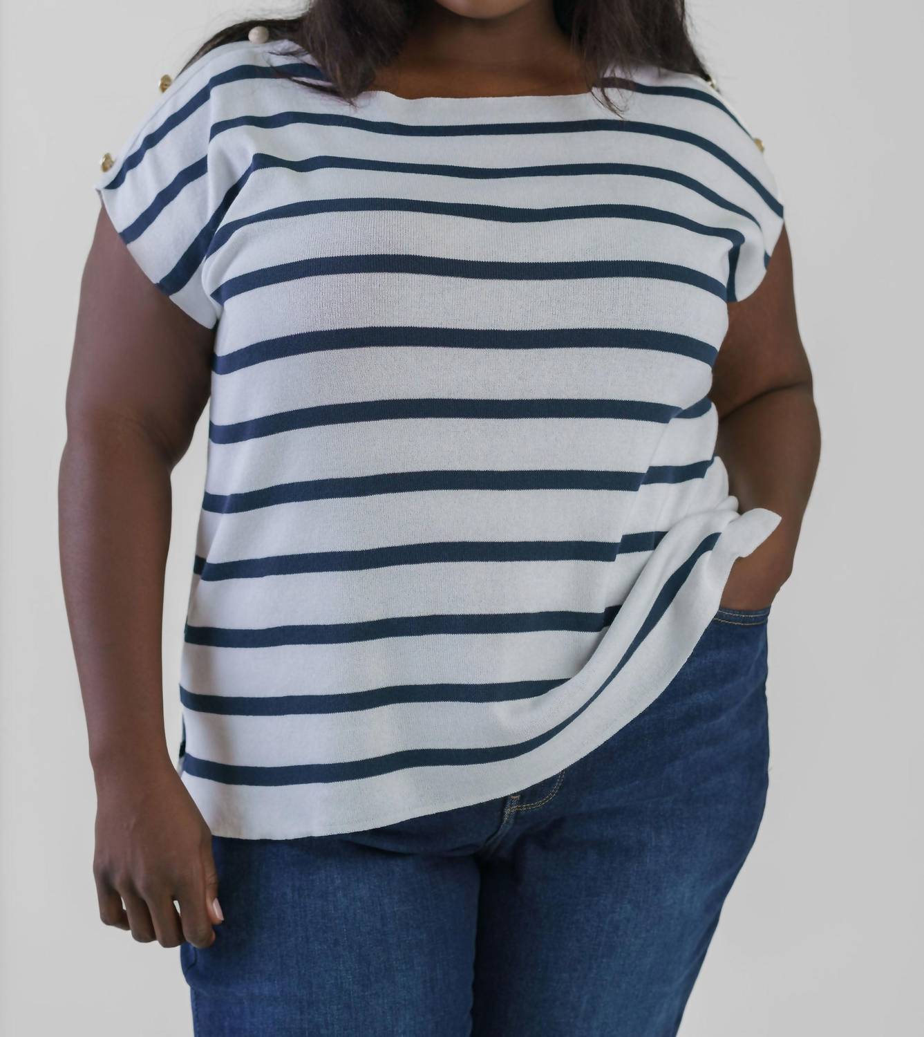 Mat Fashion - Short Sleeve Striped Button Shoulder Top - Plus Size