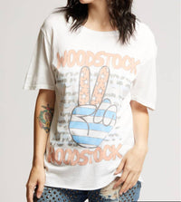 Recycled Karma Woodstock Stars & Stripes Peace Tee in white multi - women's t-shirt - detail view
