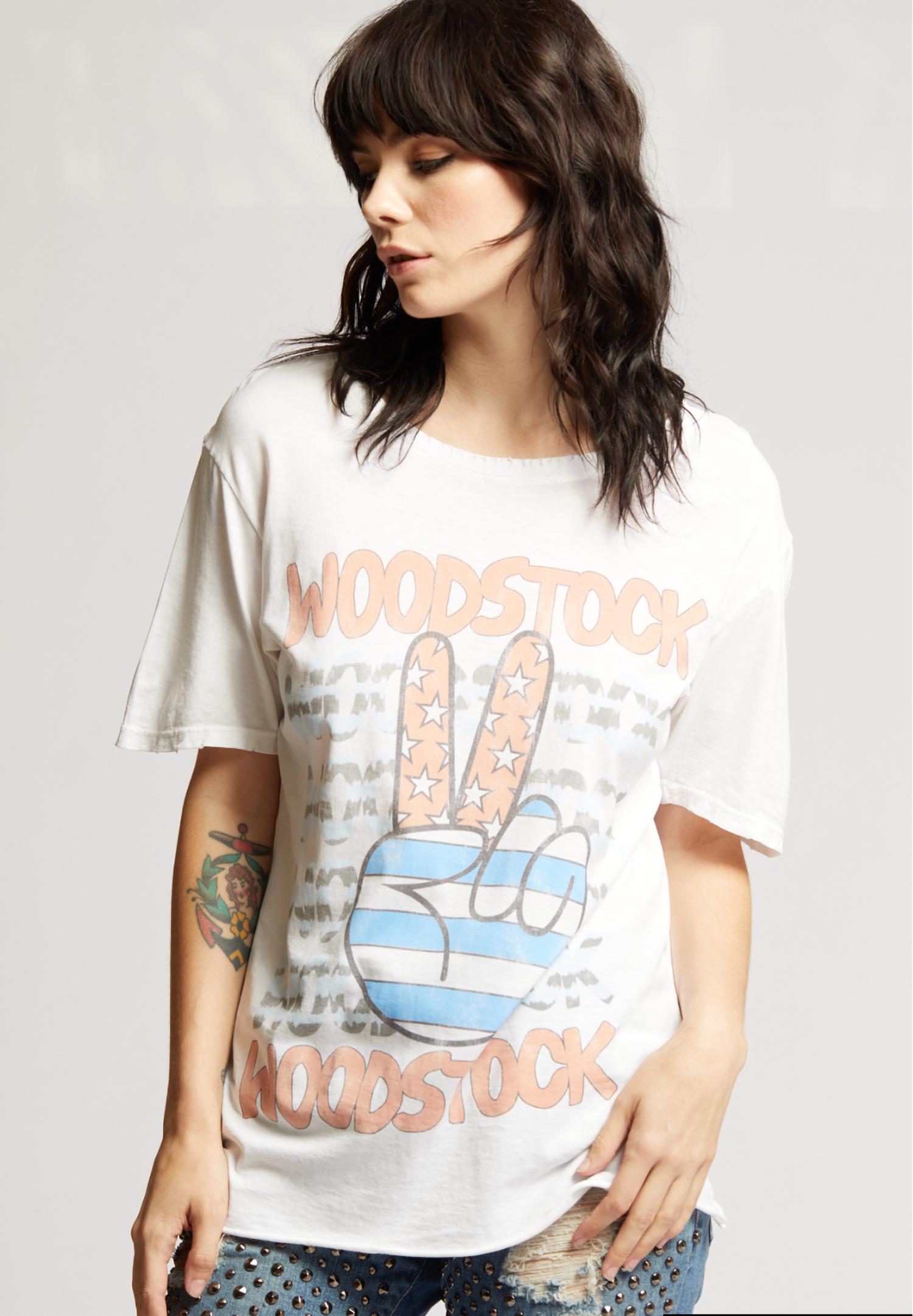 Recycled Karma Woodstock Stars & Stripes Peace Tee in white multi - women's t-shirt - alternate view