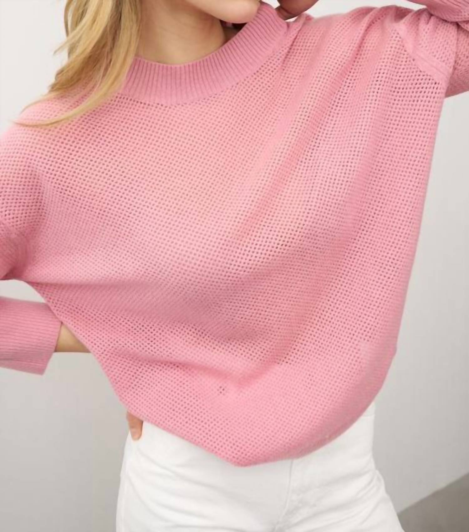 0039 Italy Amanda Berry Cashmere Meshknit Sweater in pink - women's sweater - alternate view