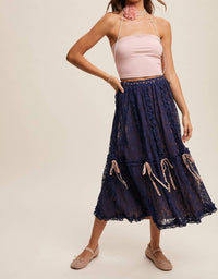 Listicle Lace Midi Skirt With Ribbon Details in navy - women's skirt - view 4