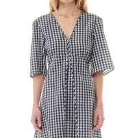 Ganni - Seersucker Check V-Neck Long Dress