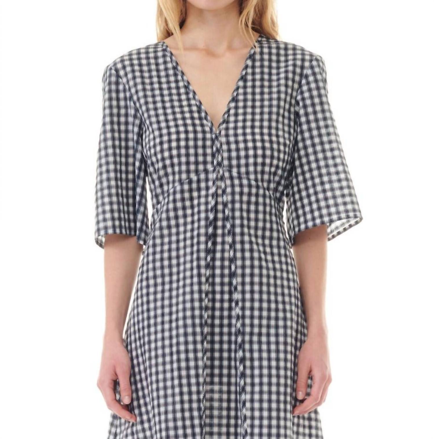 Ganni - Seersucker Check V-Neck Long Dress