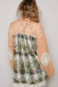 Pol - Oversized Plaid Print Lace Pockets Shacket