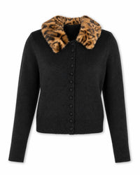 Rd Style - Knit Cardigan With Detachable Leopard Faux Fur Collar