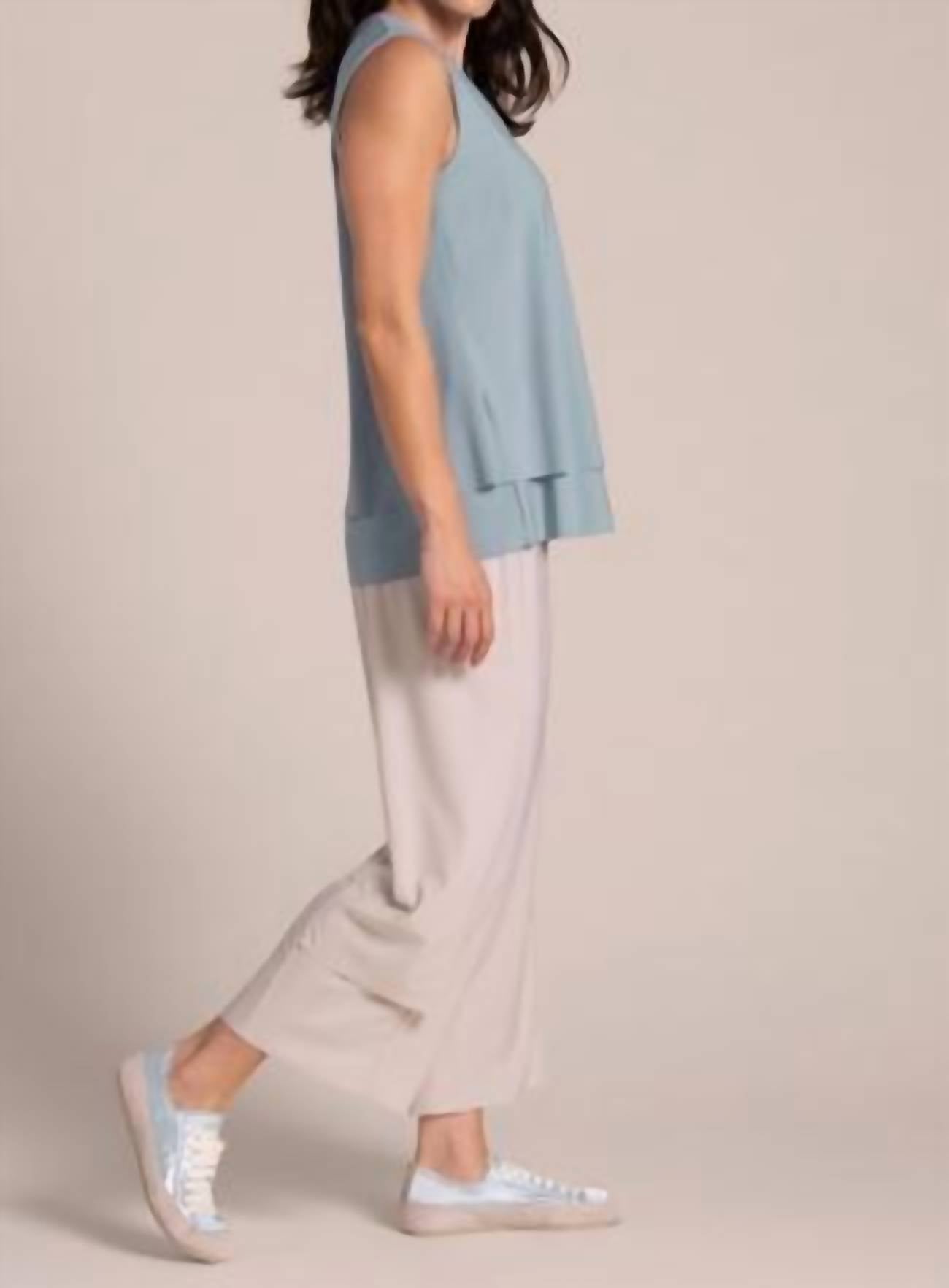 Sympli Sleeveless Double Layer Shell Top With Jewel Neck in stone blue - women's blouse - alternate view