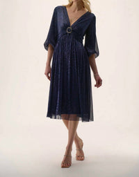 Joseph Ribkoff - Sparkle Mesh 3/4 Puff Sleeve Fit And Flare Dress