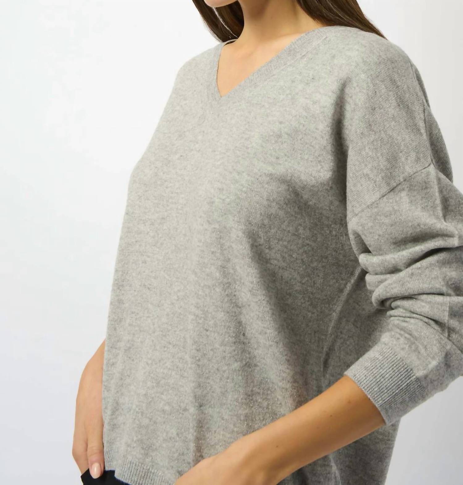 Joseph Ribkoff V-neck Long Sleeve Sweater Top in light grey - women's sweater - detail view