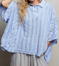Pol - Lace Patch Solid Lightweight Short Sleeve Collared Knit Top