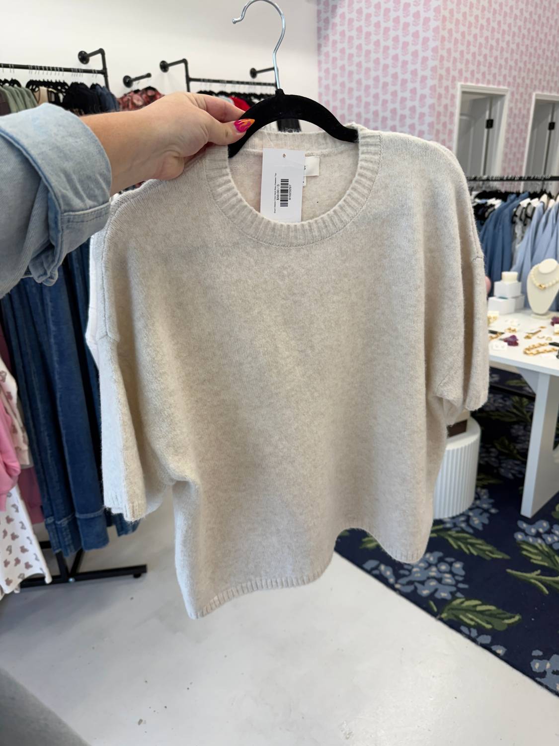 LE LIS Short Sleeve Crew Neck Boxy Sweater Top in cream - women's t-shirt - alternate view