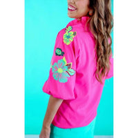 Jess Lea Embroidered Puff Sleeve Top in hot pink - women's blouse - detail view