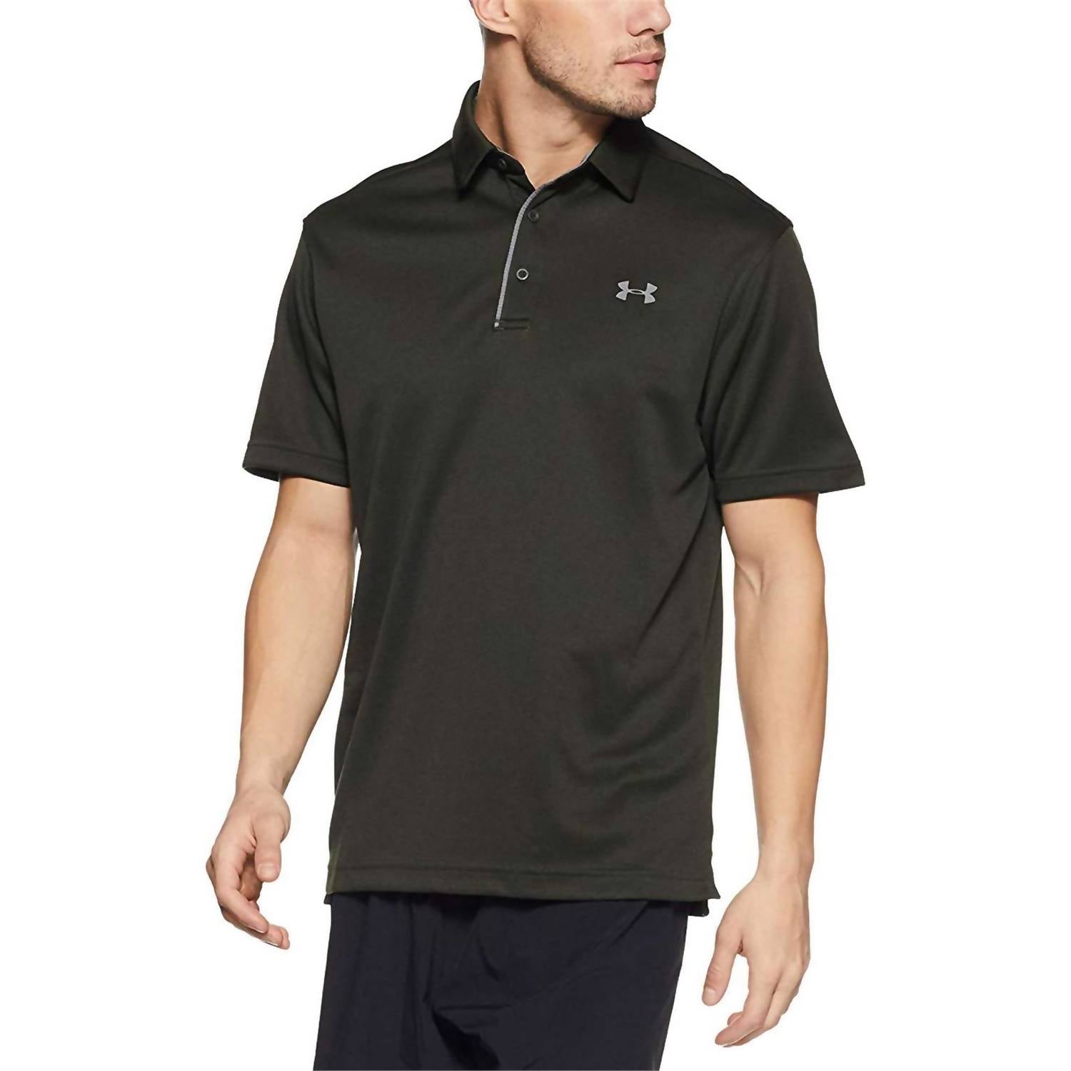 UNDER ARMOUR Tech Button Up Placket Polo in artillery green - men's shirt - detail view