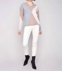 CHARLIE B Drop Shoulder V Neck Argyle Jacquard Sweater in sesame - women's sweater - alternate view