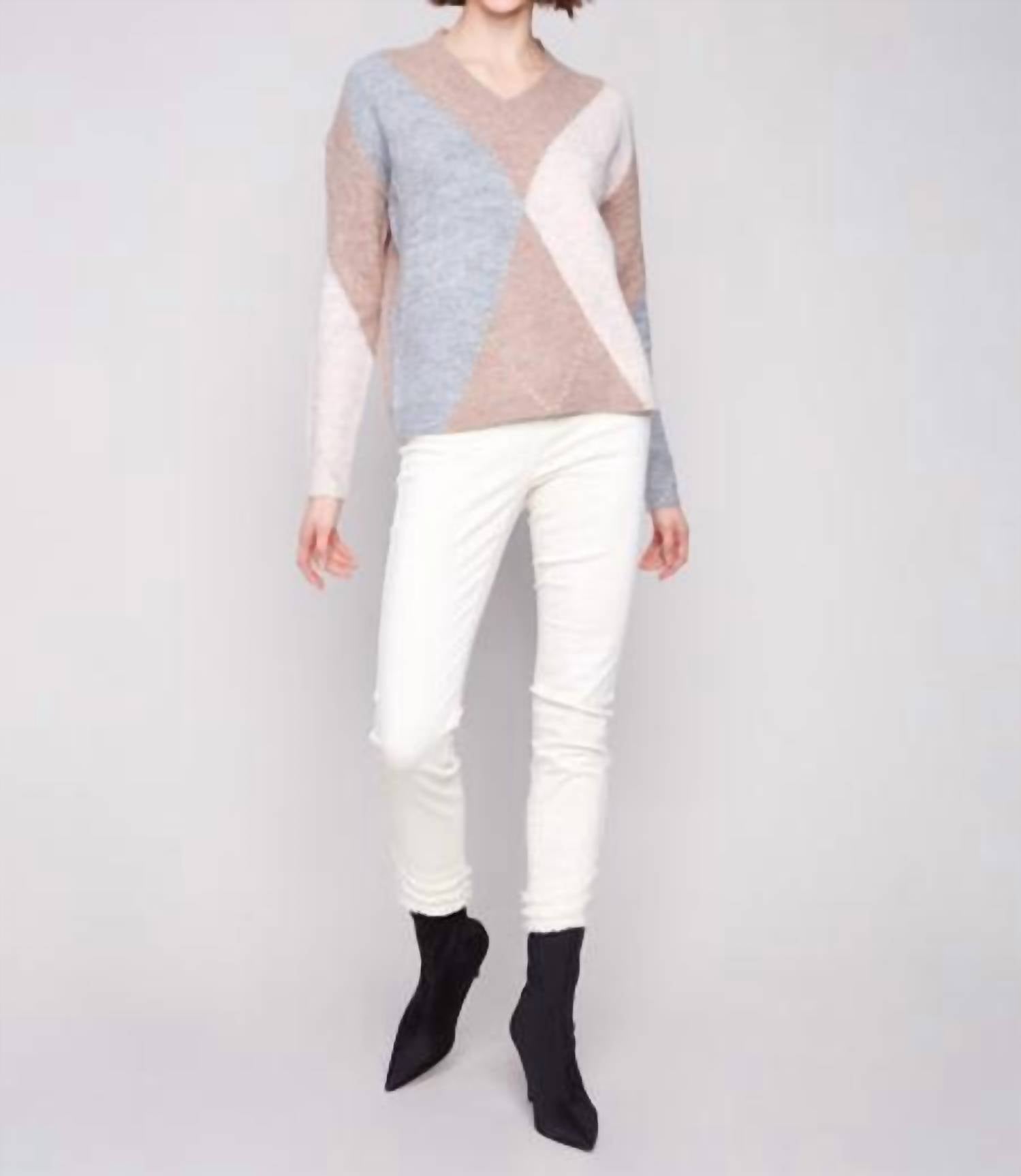 CHARLIE B Drop Shoulder V Neck Argyle Jacquard Sweater in sesame - women's sweater - alternate view
