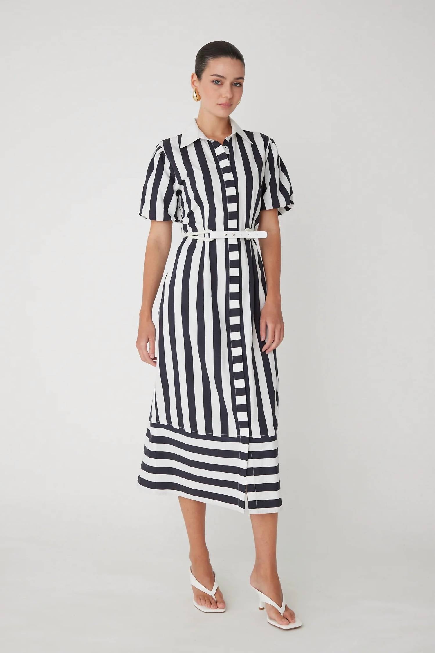 js71 Marella Midi Dress in black and white stripe - women's dress - alternate view