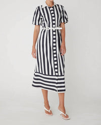 js71 Marella Midi Dress in black and white stripe - women's dress - detail view