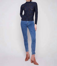 CHARLIE B Long Sleeve Burnout Mesh Mock Neck Top in blue - women's blouse